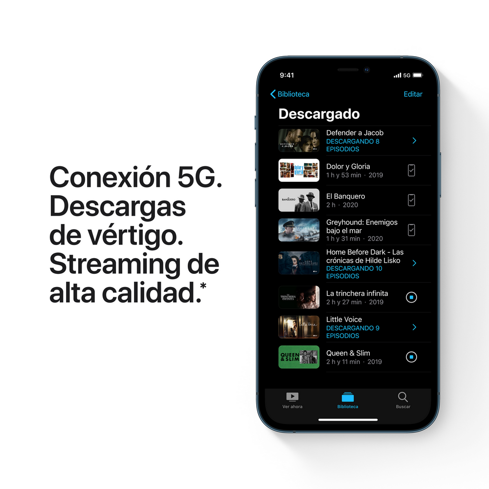 Pantalla de smartphone mostrando una lista de contenido descargado, con icono de conexión 5G.