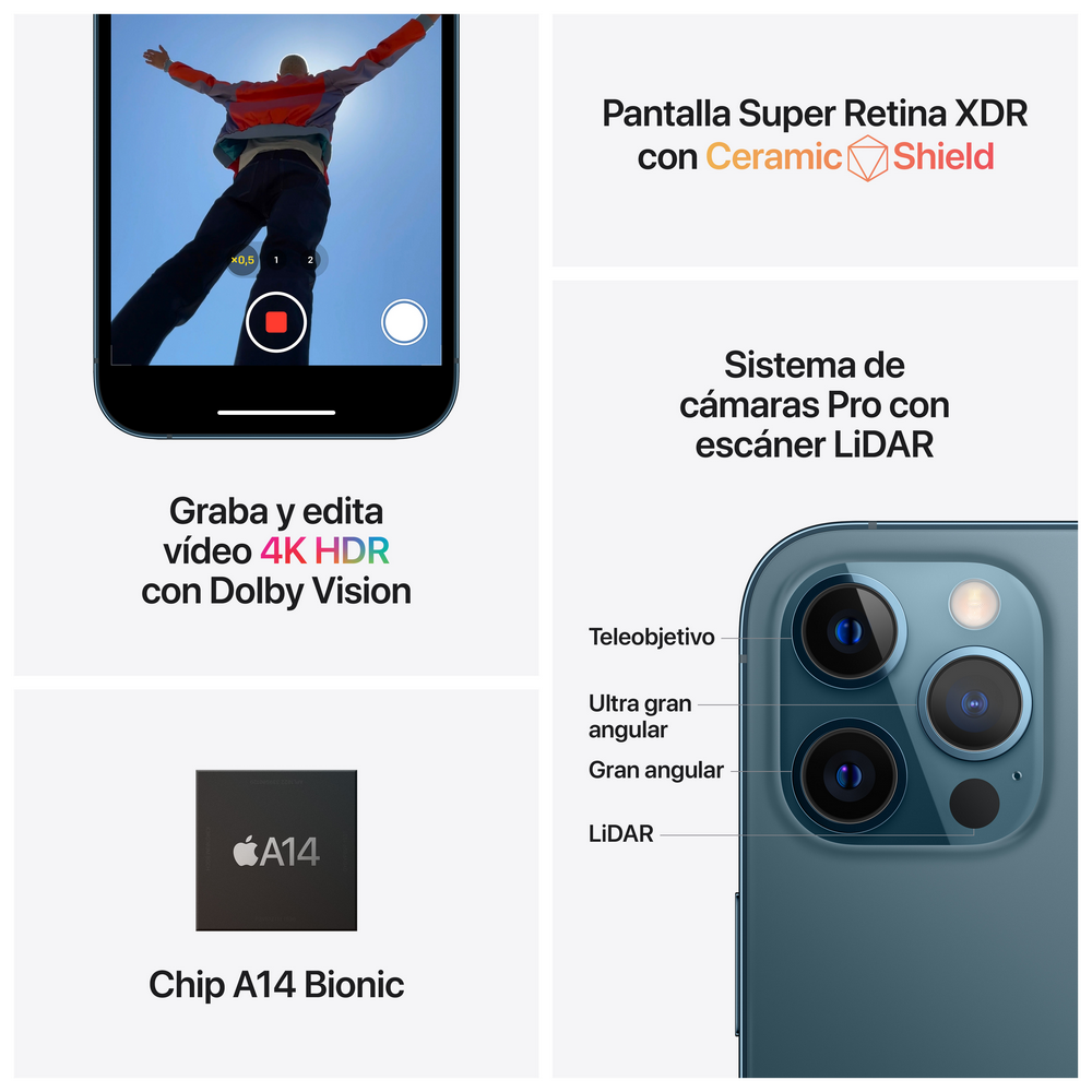 iPhone con detalles de cámara, grabación de video y detalles del chip A14.