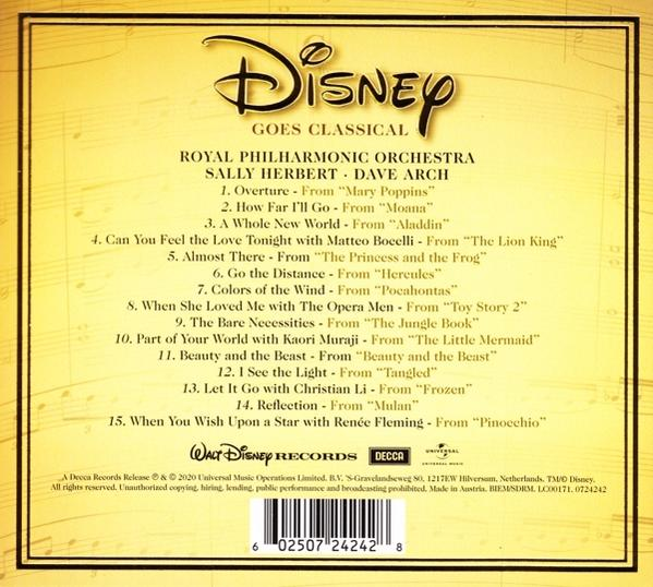 A Disney Goes Classical CD hátlapja. A dalok listája az előadók nevével.