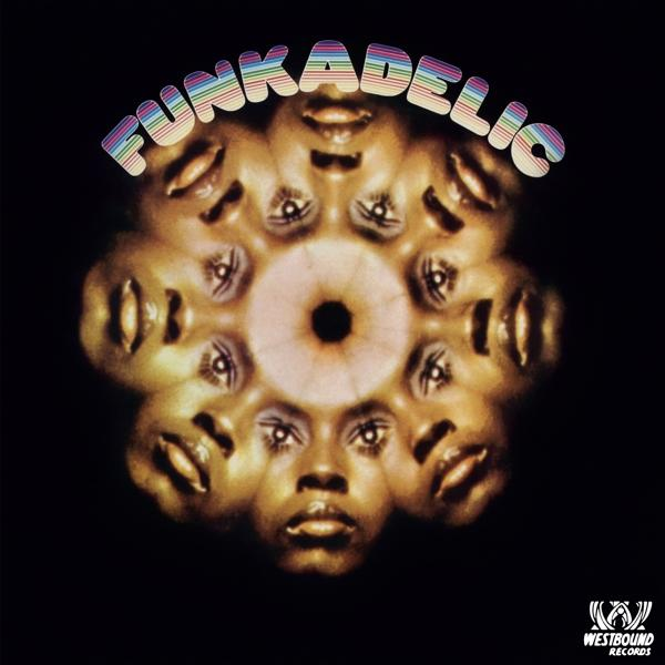 Couverture d'album, œuvre psychédélique avec plusieurs visages autour d'un œil central, fond noir.