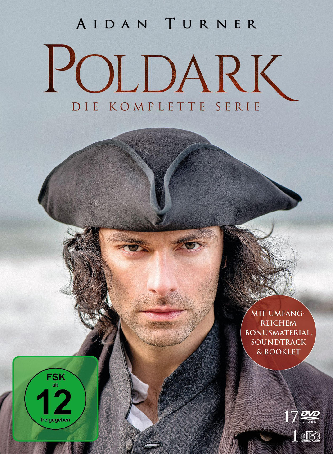 DVD-Cover mit Aidan Turner, Titel Poldark. Ein Mann mit dunklen Haaren und Hut.
