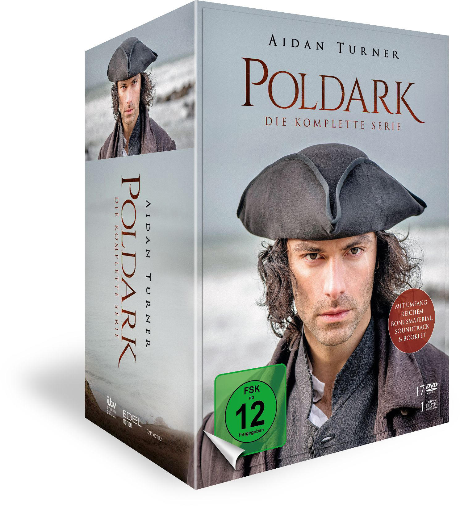 DVD-Box-Set von Poldark, mit dem Schauspieler Aidan Turner auf dem Cover. Die Box ist offen.