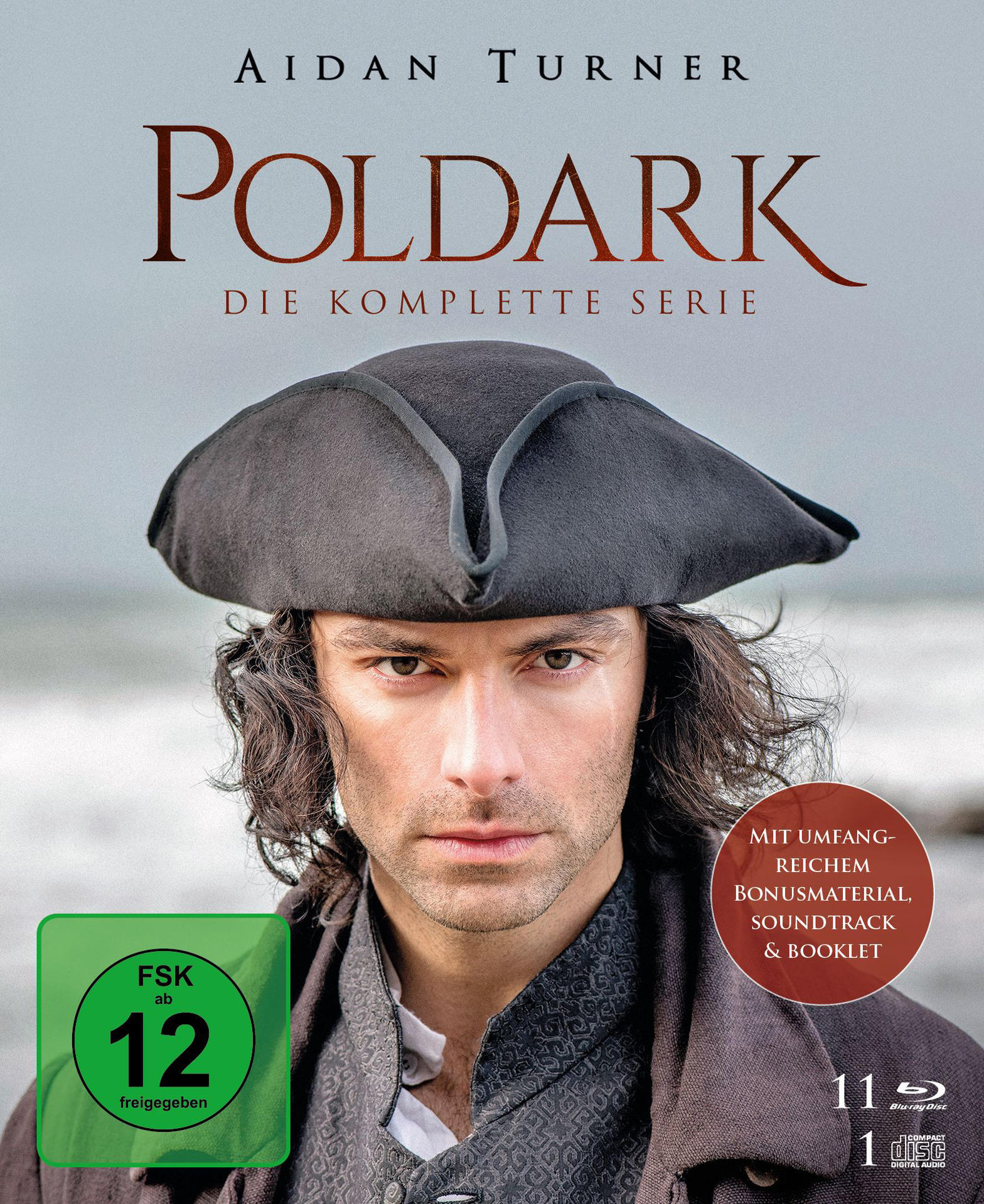 Poldark DVD-Cover mit Aidan Turner, Dreispitz, Text auf Deutsch.