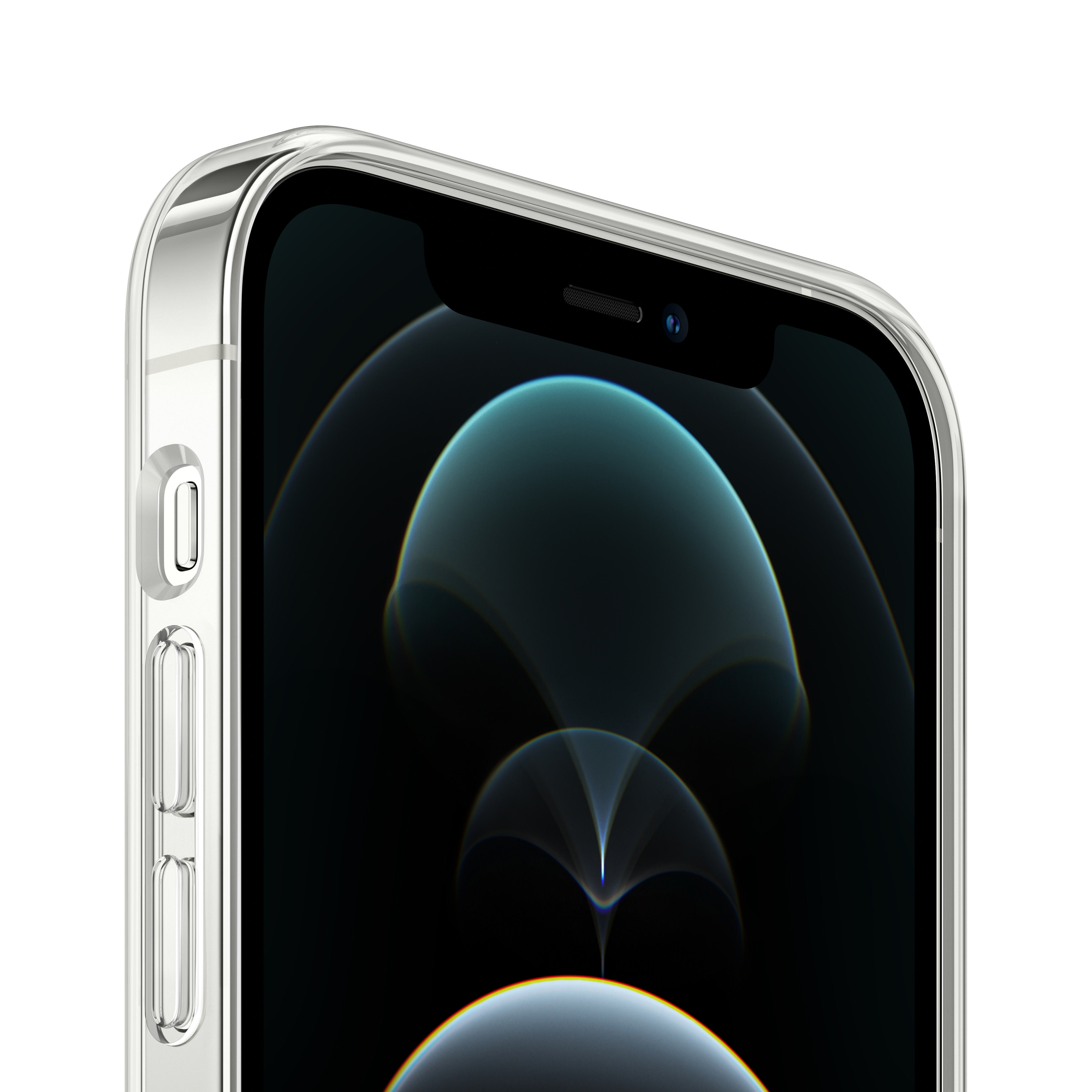 Nahaufnahme eines iPhones mit transparentem Gehäuse, das den Bildschirm und die Seitentasten zeigt.