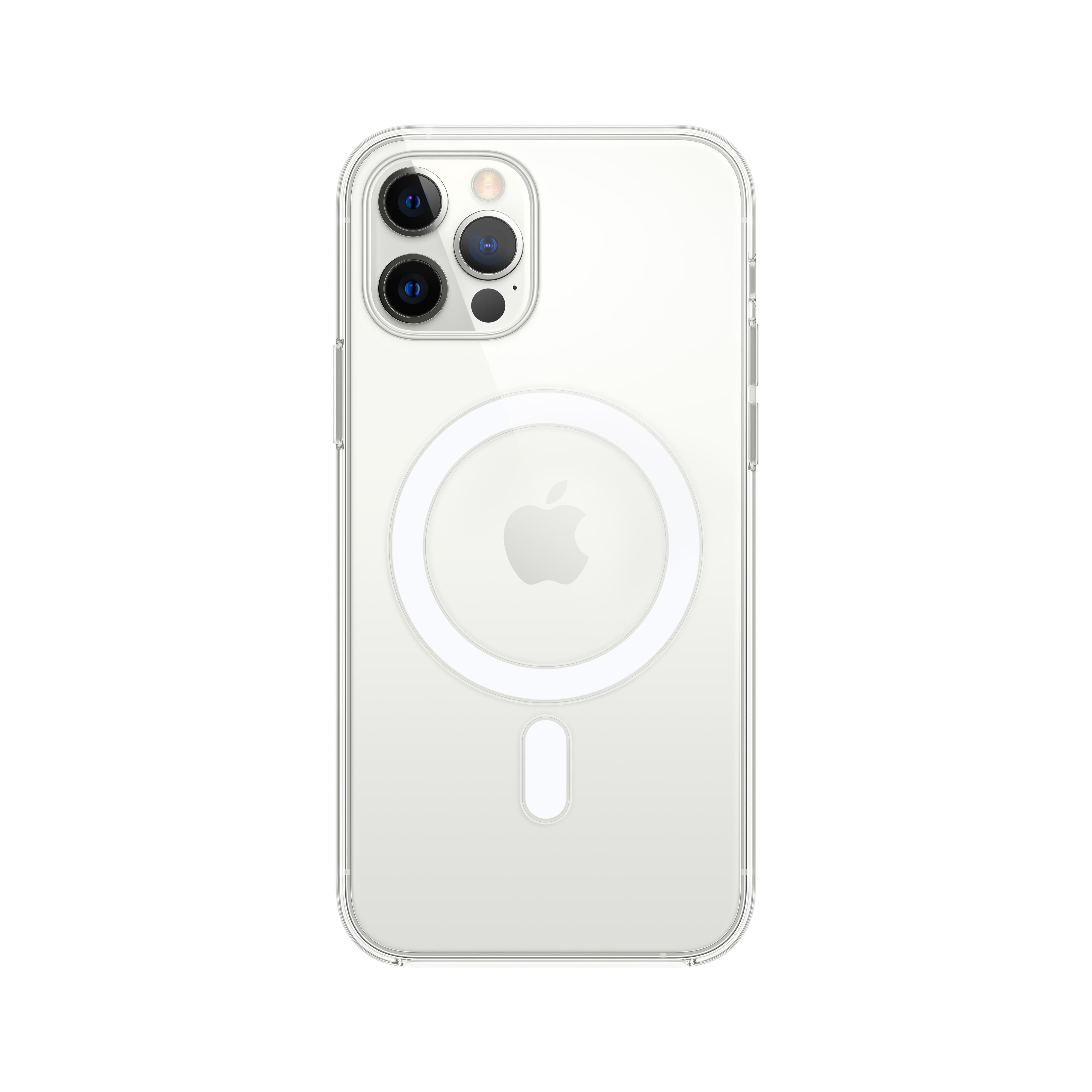 Transparente iPhone-Hülle mit weißem, kreisförmigen MagSafe-Ladegerät und Kameraaussparungen. Telefon ist drin.