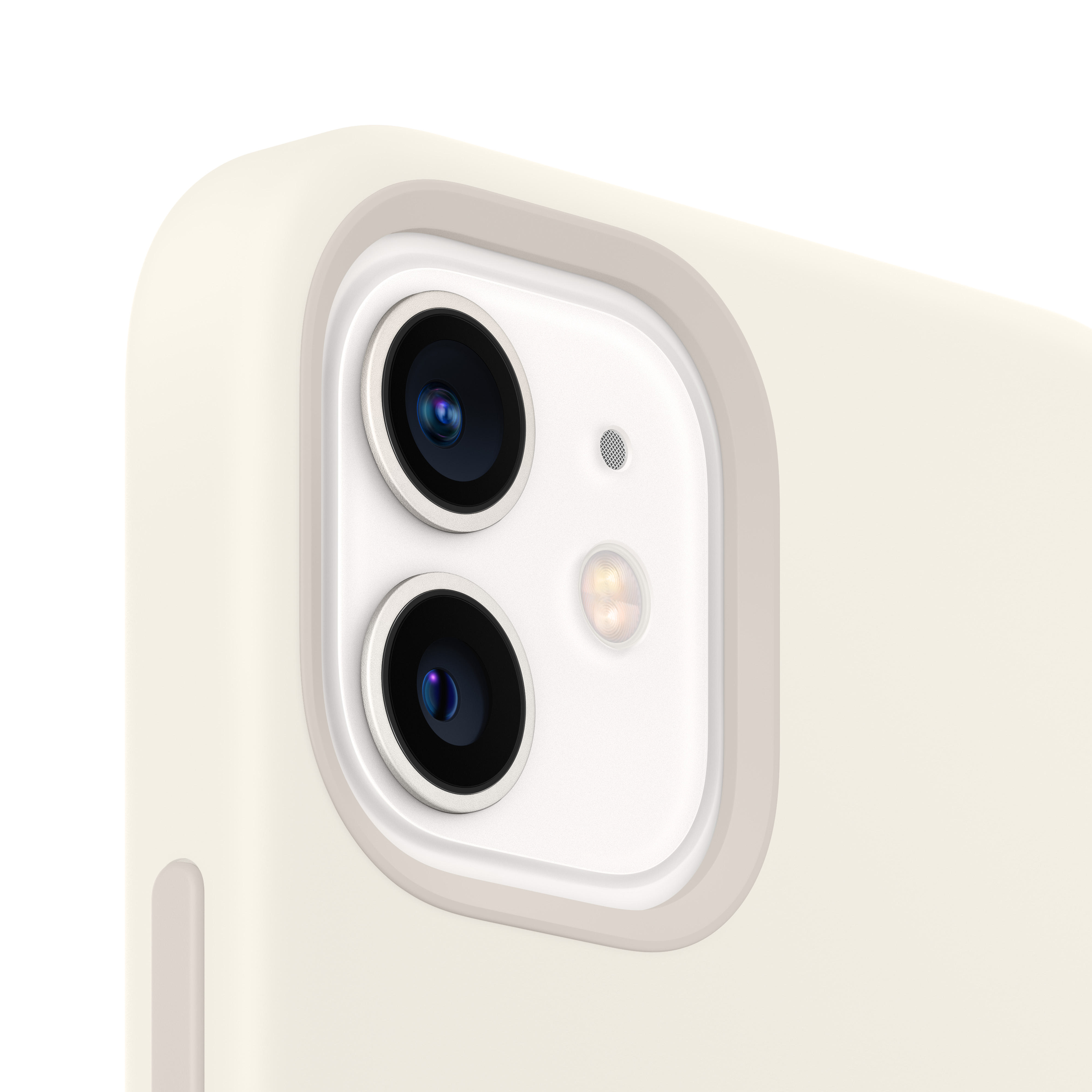 Nahaufnahme des cremefarbenen iPhone 12 Kameramoduls, zwei Objektive, ein Blitz und ein cremefarbenes Gehäuse.