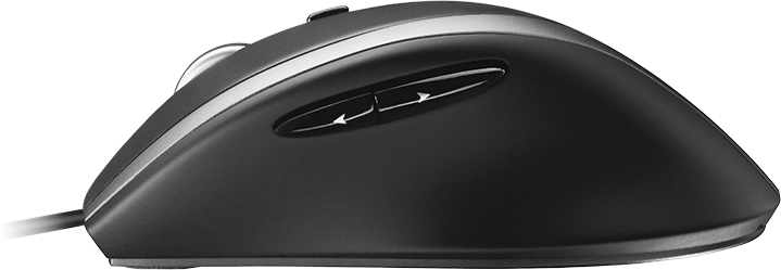 Un mouse per computer nero con dettagli argentati e una rotella di scorrimento.