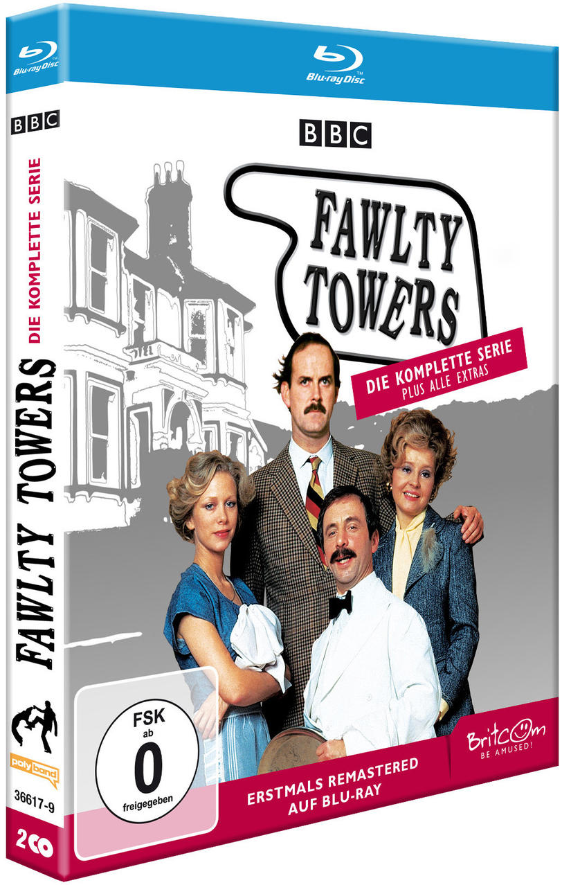 Fawlty Towers DVD-Cover mit den Hauptfiguren und Text.