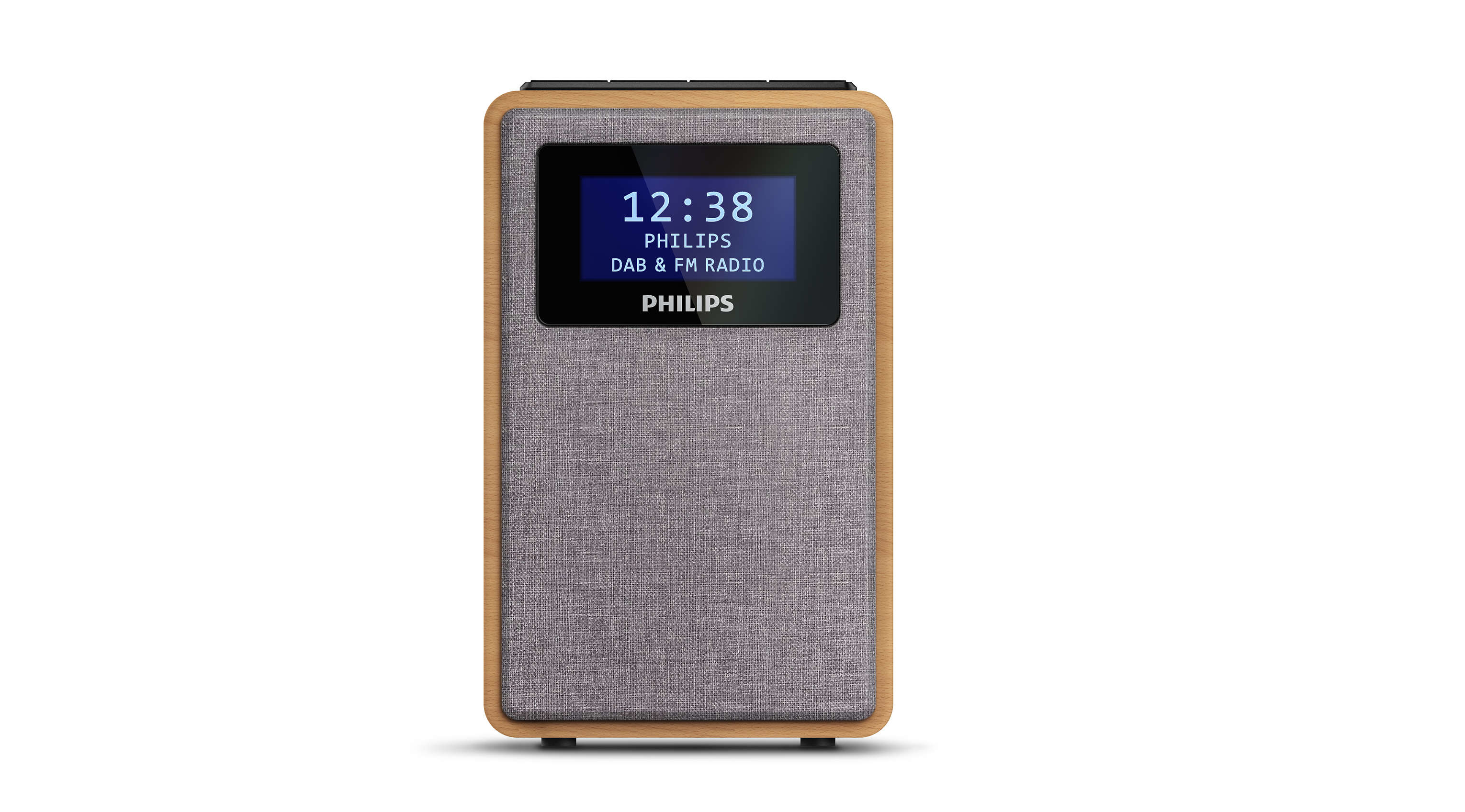 A Philips DAB & FM Radio, in a wooden frame, displaying the time and station.