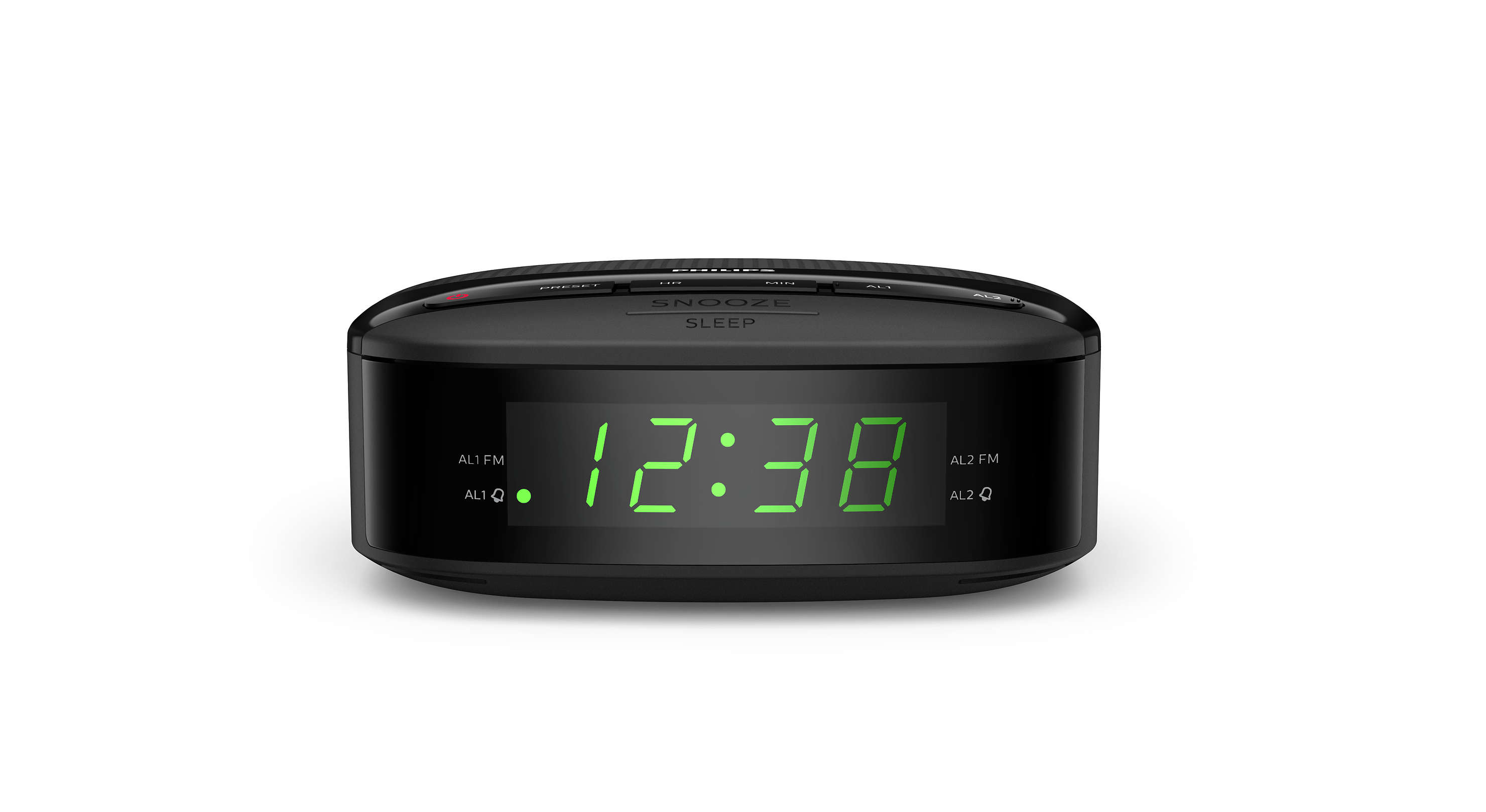A black Philips snooze sleep alarm clock shows the time 12:38 in green numbers.
