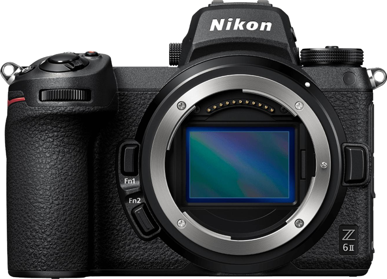 Schwarze Nikon Z 6II Kamera mit blauem Sensor und hervorstehendem Objektivanschluss.