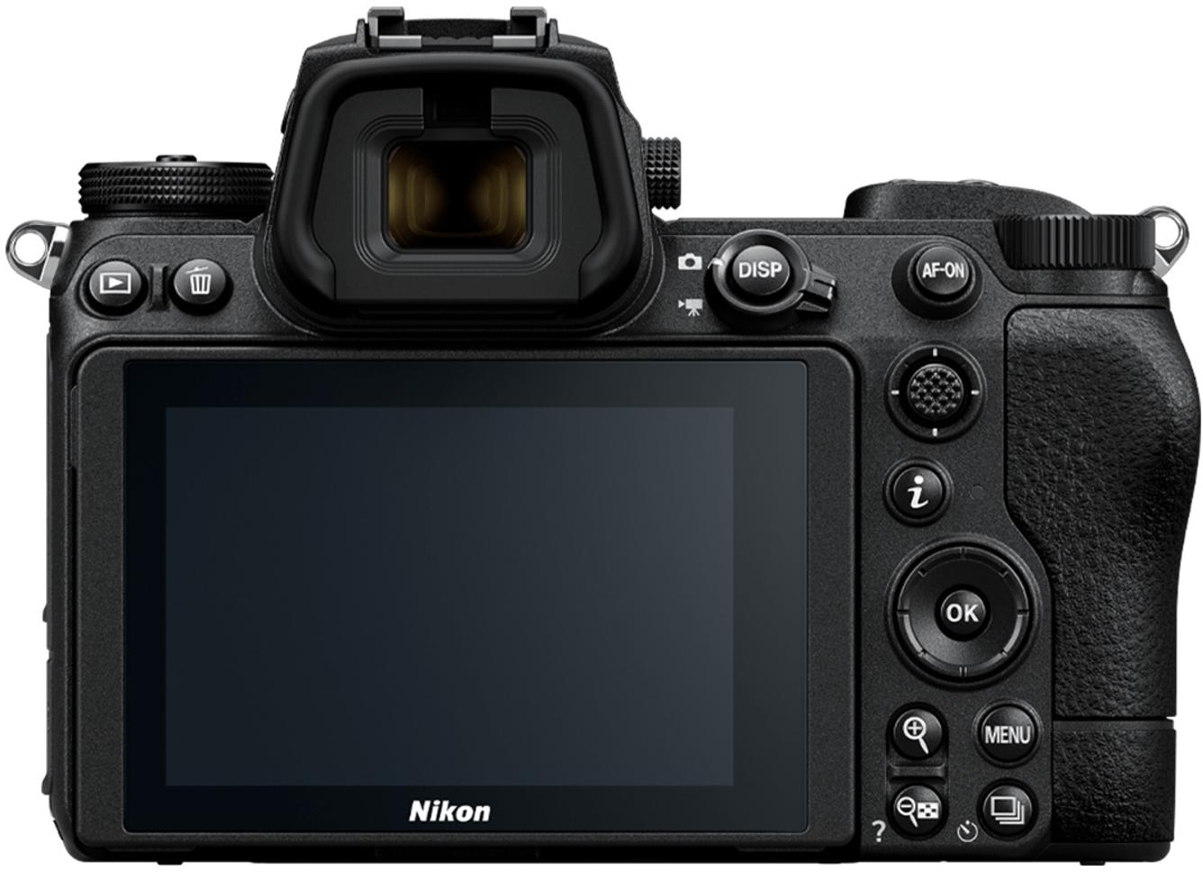 Rückansicht einer schwarzen Nikon-Digitalkamera mit Display und vielen Steuertasten.