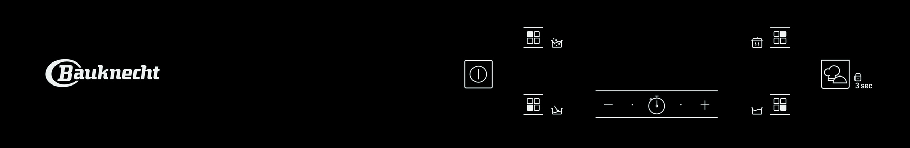 Schwarzes Bedienfeld, Bauknecht-Logo, mit Symbolen für Strom, Timer, Einstellungen und Benutzersperre.