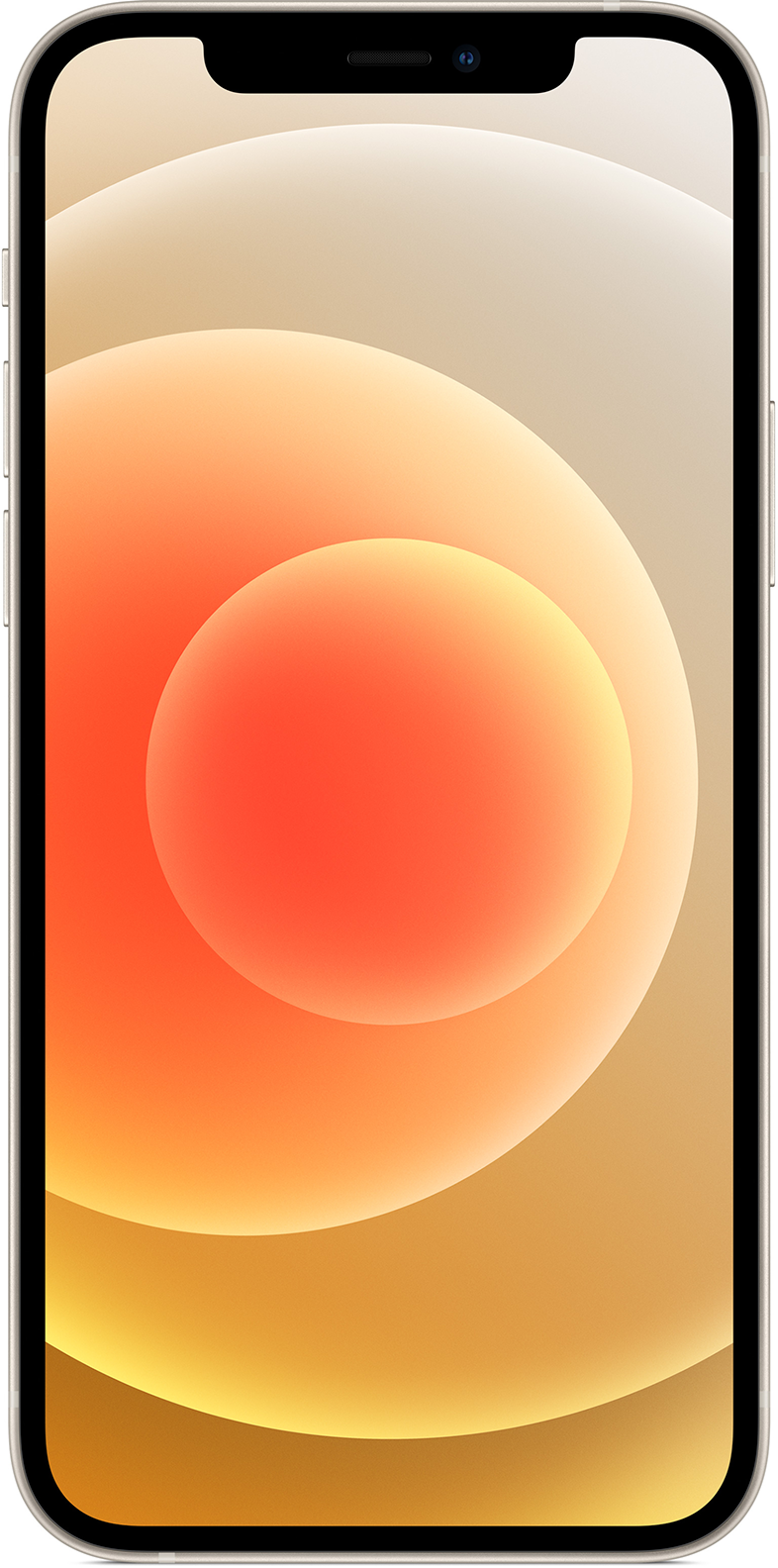 iPhone 12 krémszínben fehér háttéren.