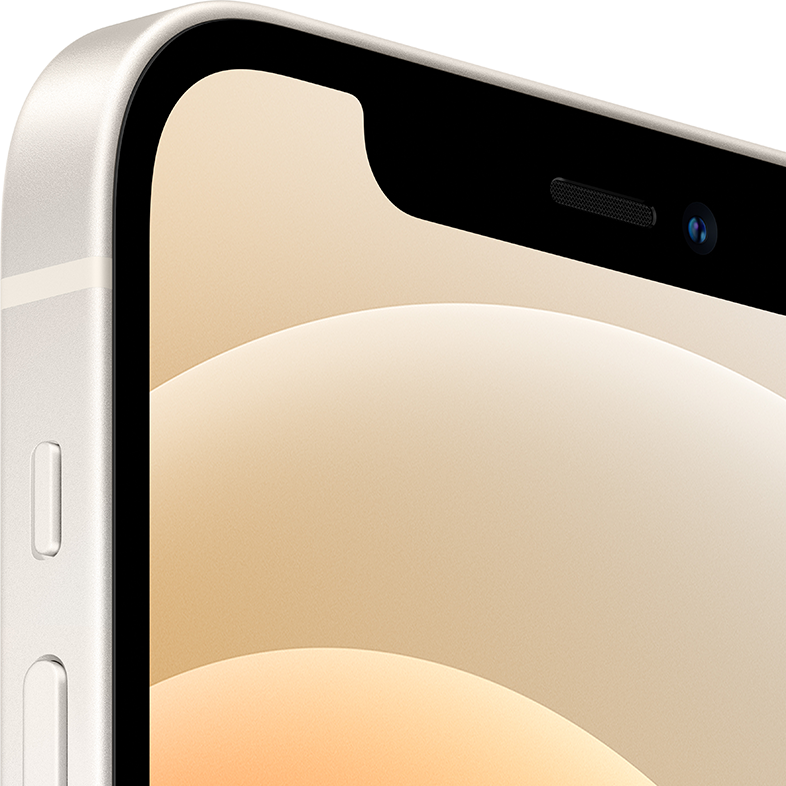 Egy fehér iPhone tetejének közeli képe. Megmutatja az előlapi kamerát, a hangszórót és az érzékelőket.