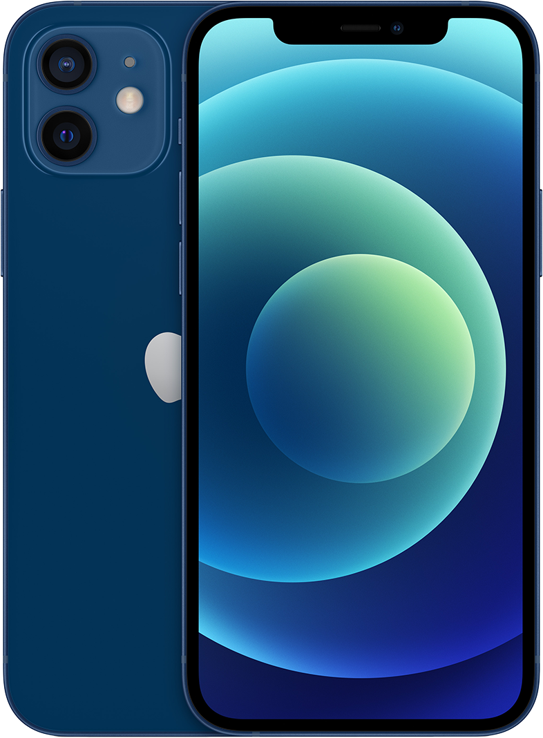 Kék iPhone 12 dupla kamerával és kék hátlappal.