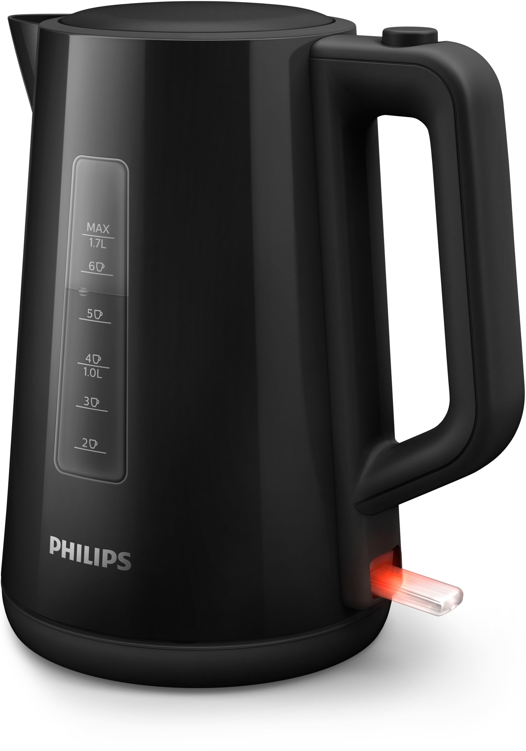 Zwarte elektrische waterkoker met een doorzichtig waterpeilvenster en rood licht.