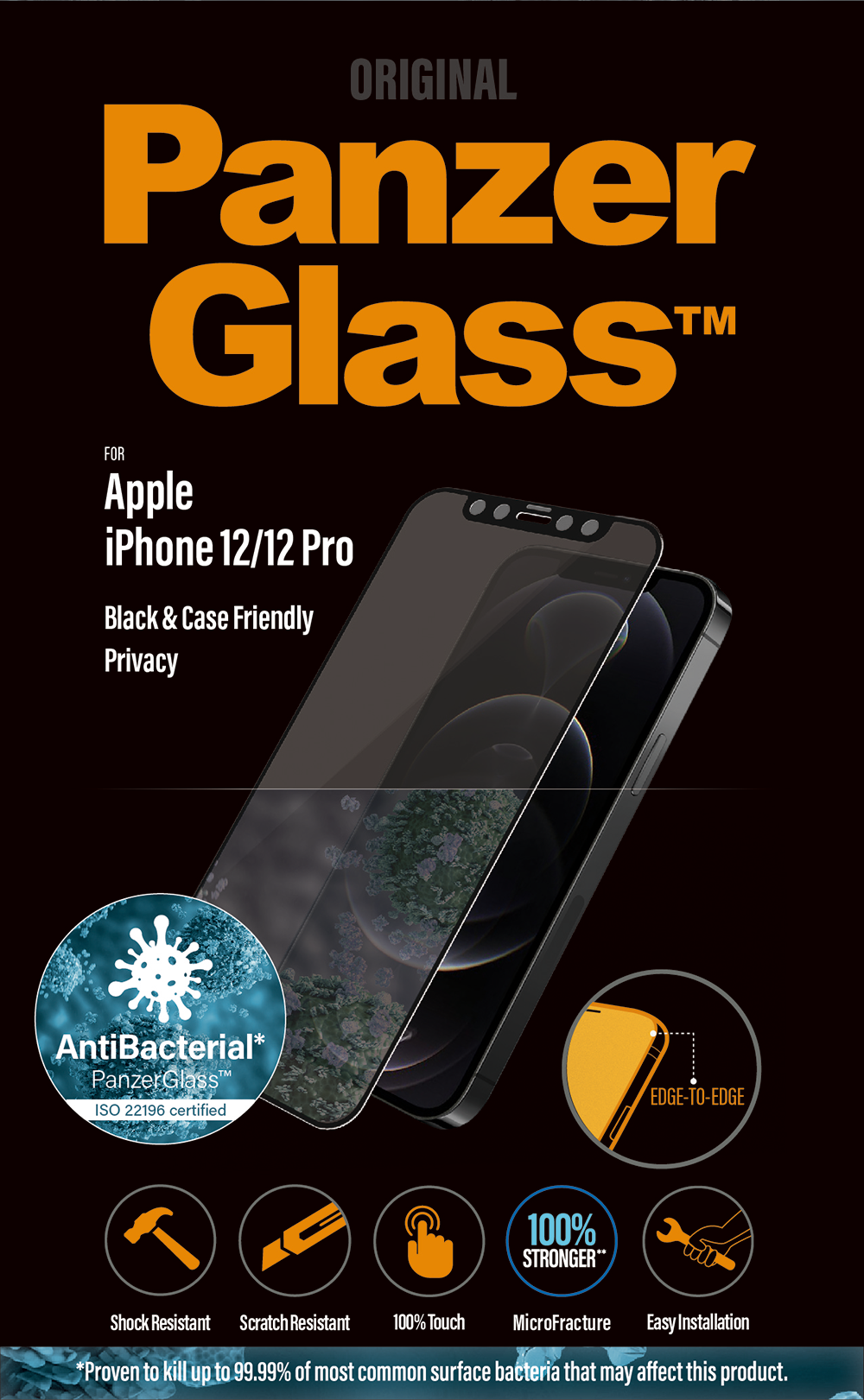 PANZERGLASS Antibacteriële Zwarte Case Friendly met Privacyglas voor Apple iPhone 12/12 Pro