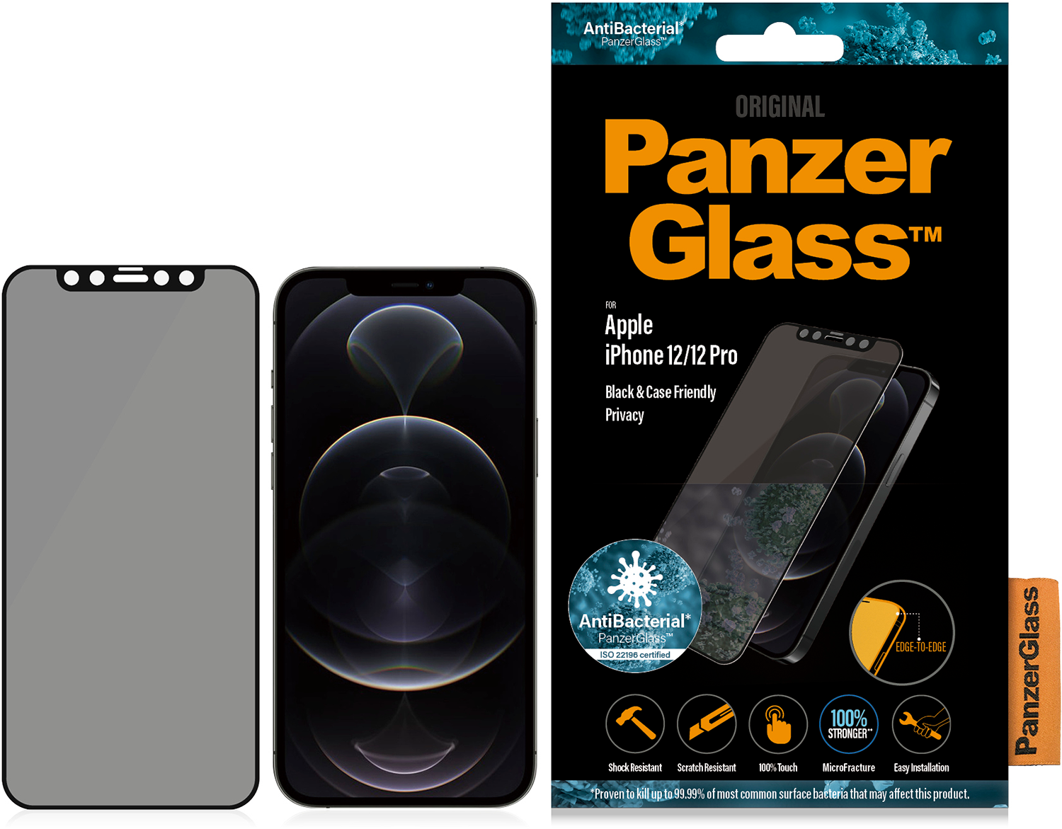 PANZERGLASS Antibacteriële Zwarte Case Friendly met Privacyglas voor Apple iPhone 12/12 Pro