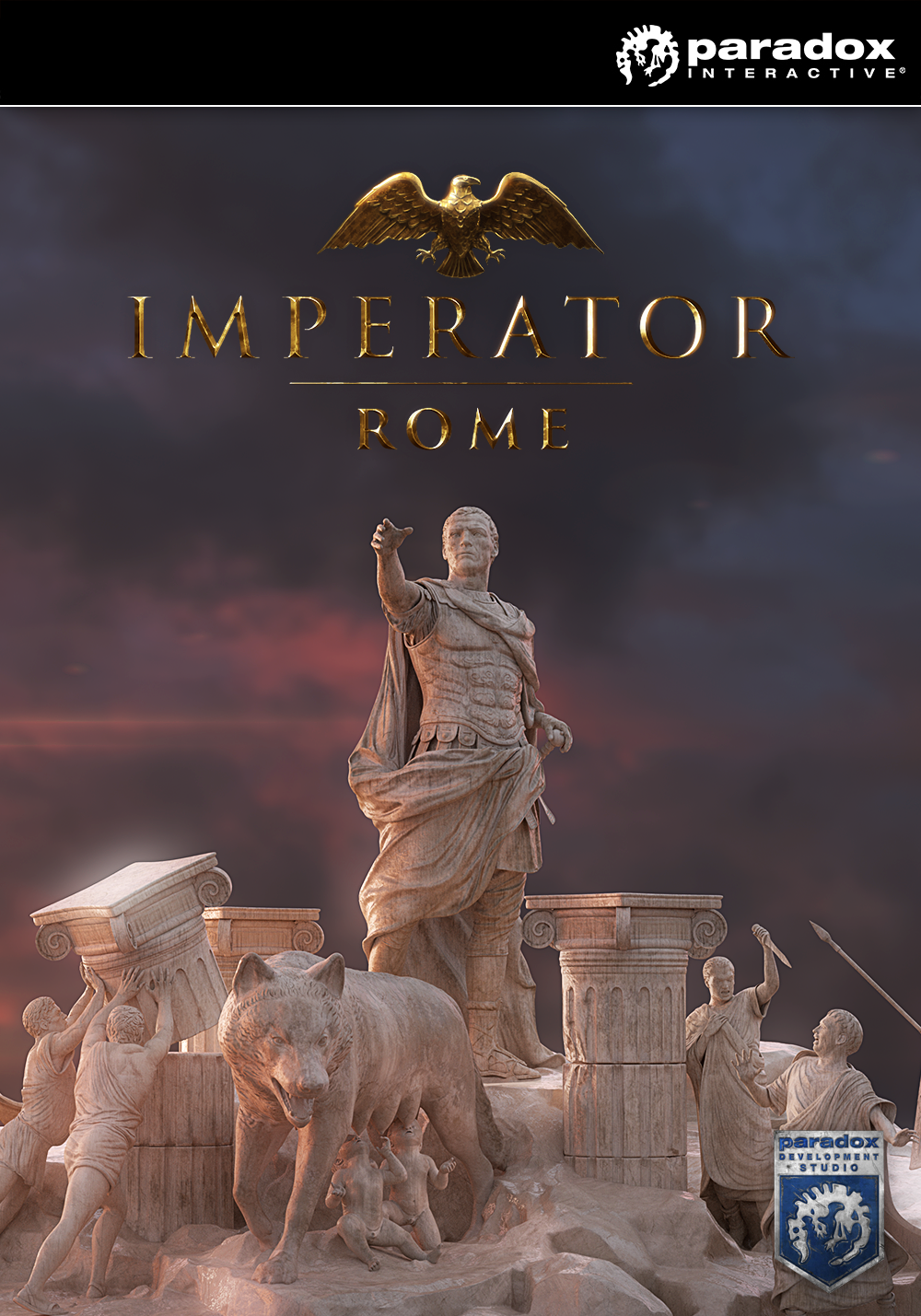Couverture du jeu : Imperator: Rome. Statue romaine, aigle, ruines sur fond de ciel dramatique.