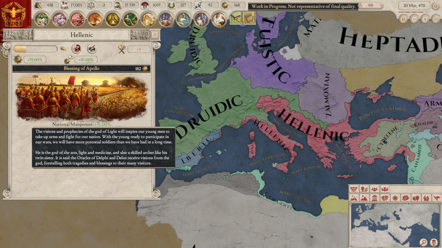 Carte d'un jeu avec carte détaillée et zones de texte. Région hellénique en surbrillance, avec unités et texte.