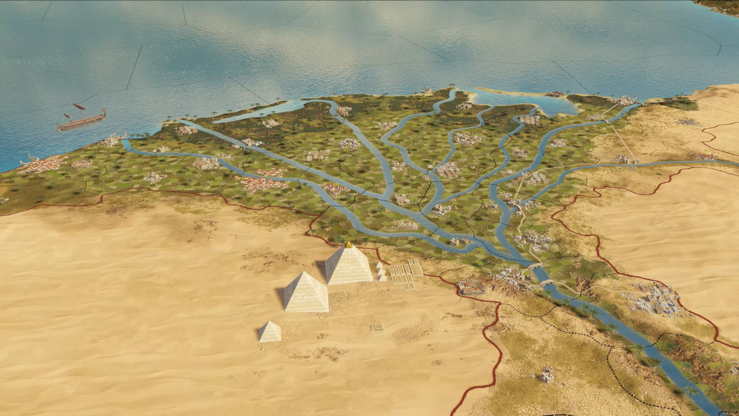 Une vue cartographique du delta du Nil avec la rivière se divisant en de nombreux canaux et pyramides.