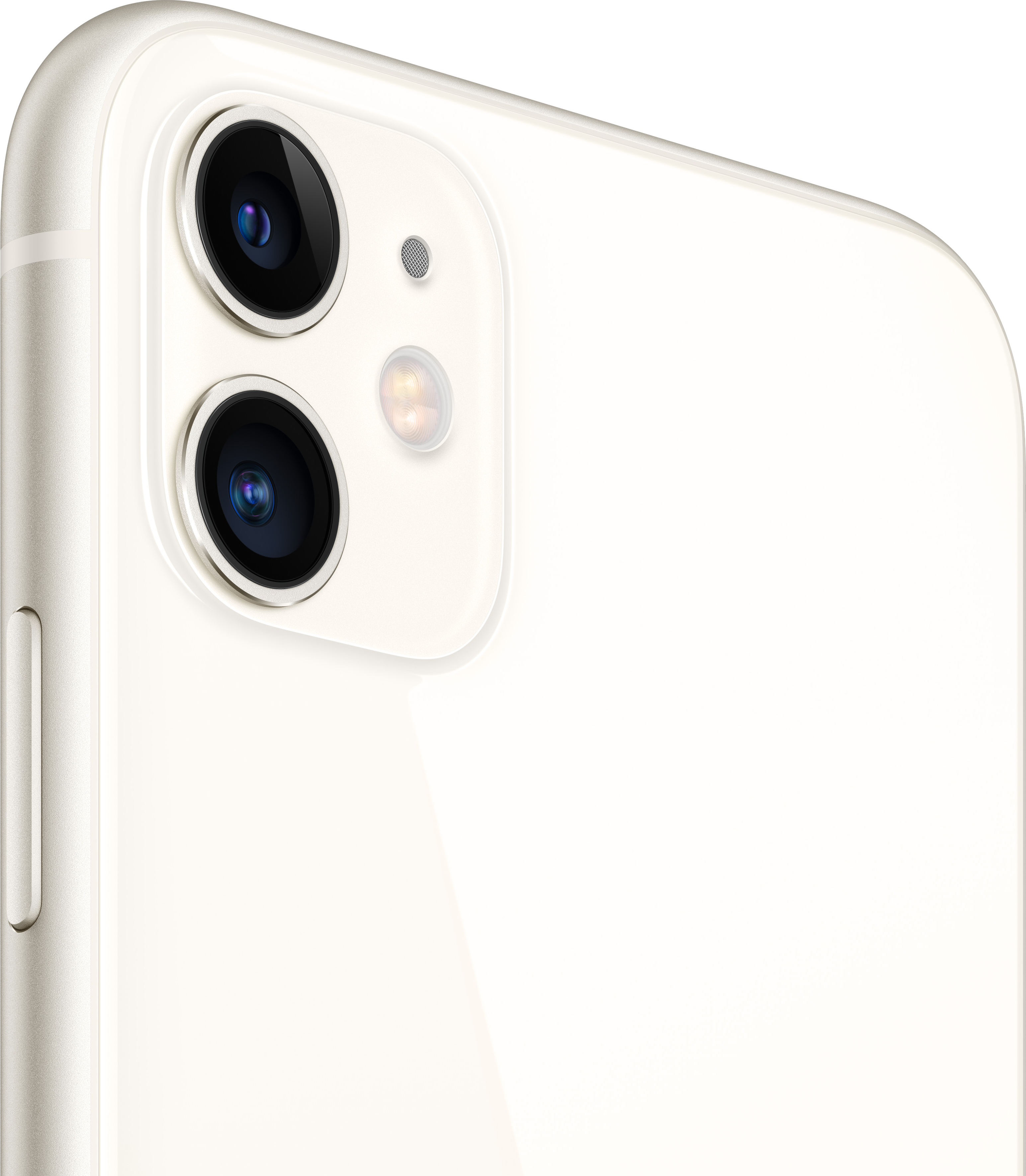Primo piano di uno smartphone bianco. Sono visibili gli obiettivi della fotocamera e il flash, entrambi neri. È visibile anche il lato del telefono.