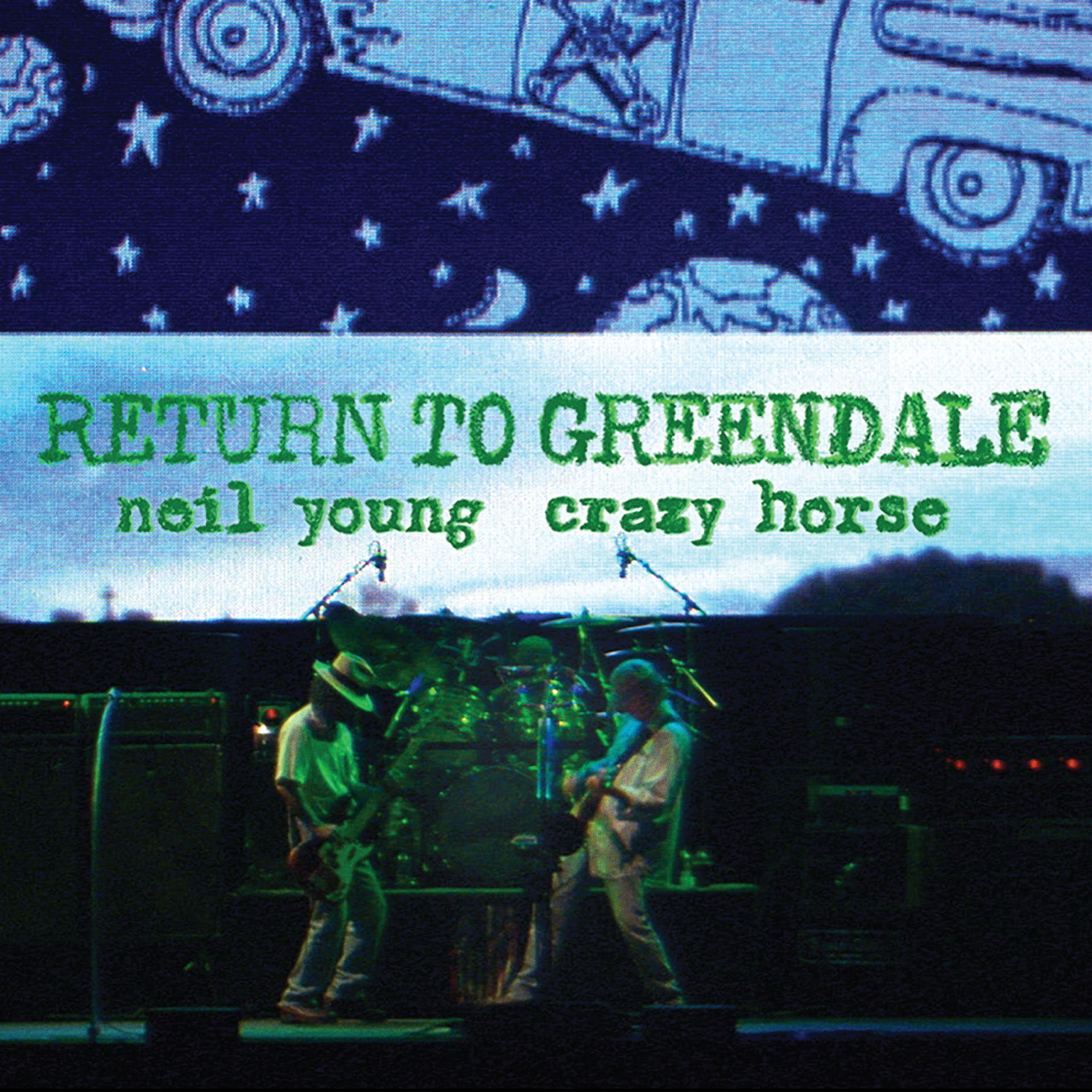 Neil Young és a Crazy Horse élőben a színpadon, zöld háttérrel.