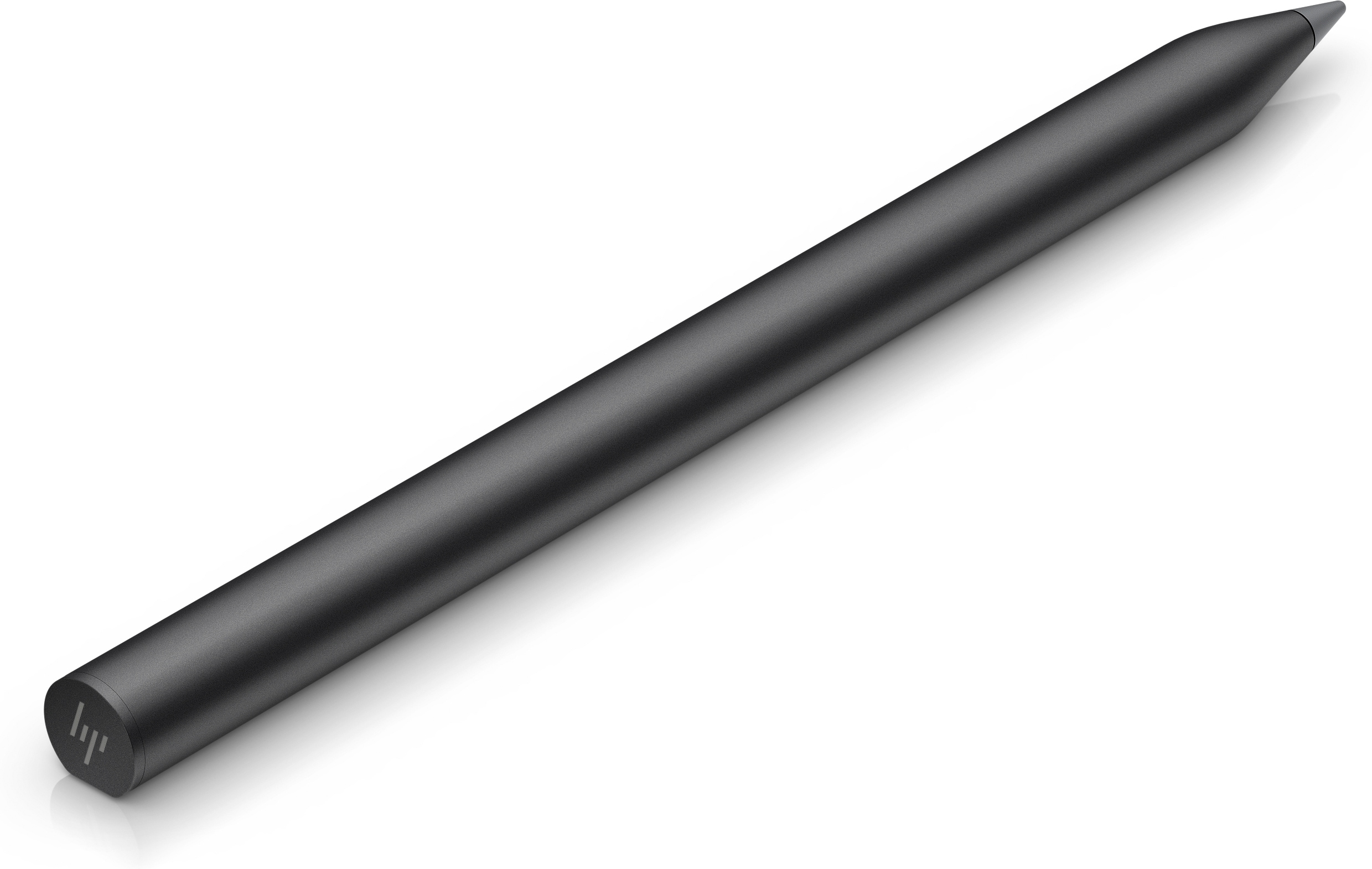 A dark gray stylus pen, cylindrical in shape, with an HP logo on the end.