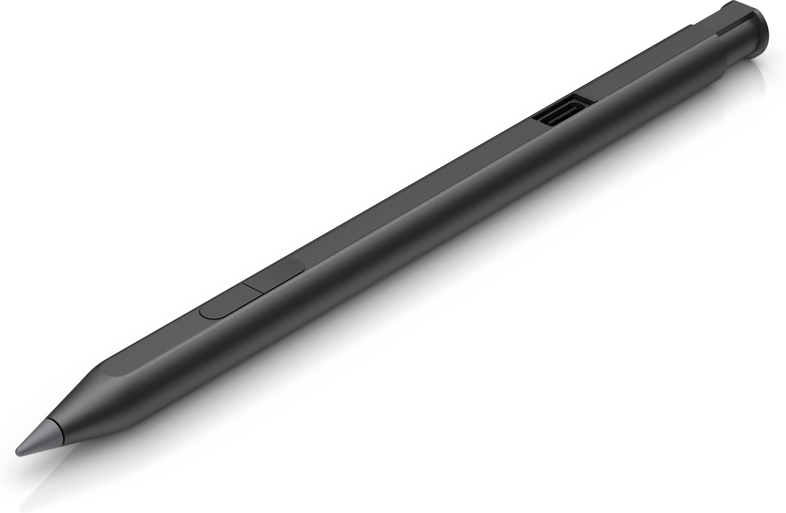 A dark grey stylus pen with a button and a charging port at the top.