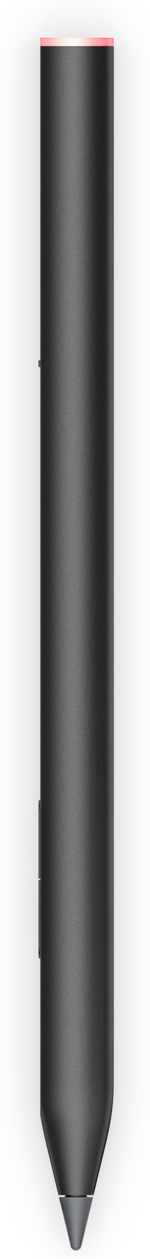 A black stylus pen, standing vertically on a white surface.