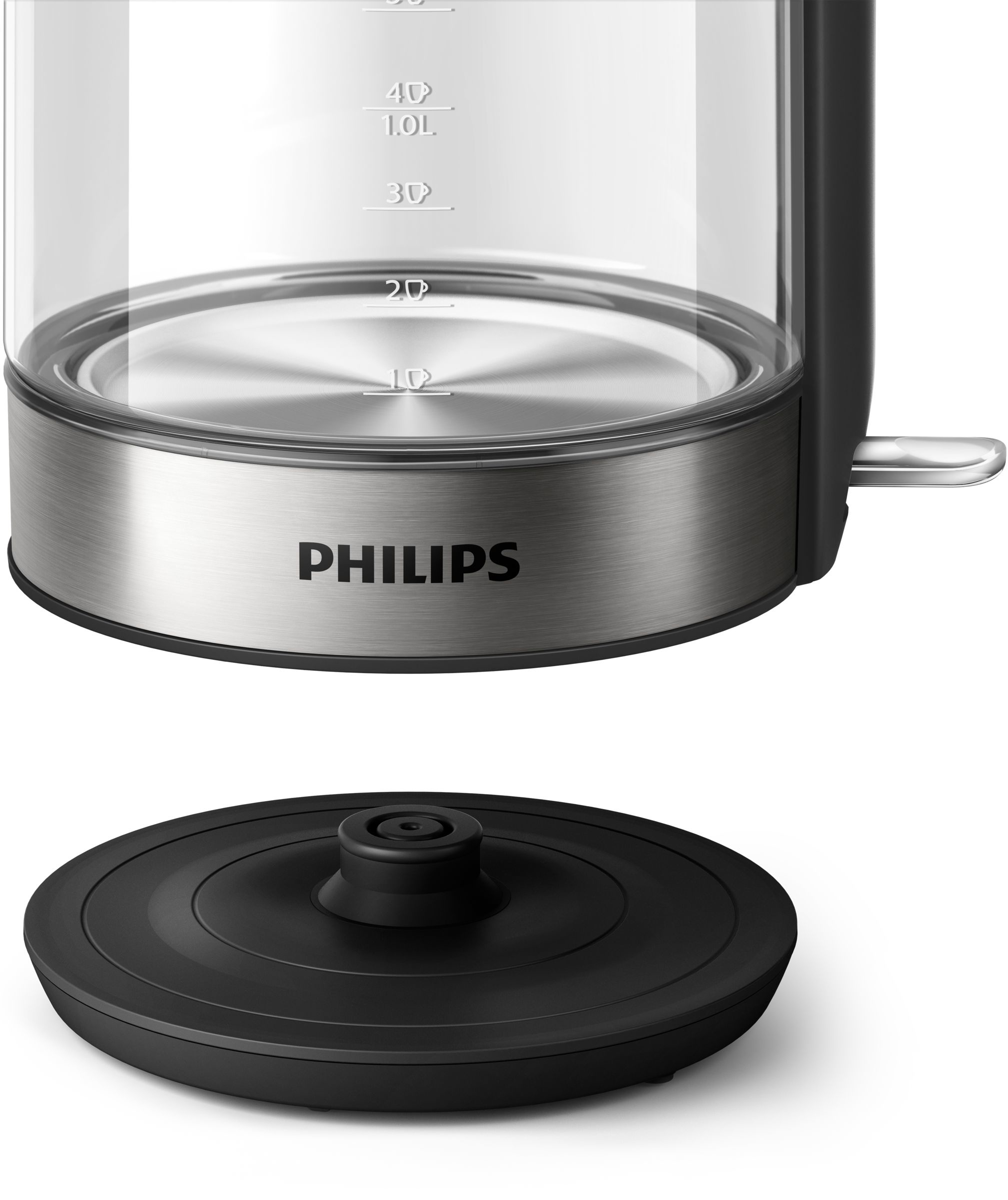 Kettle with black base and clear glass.