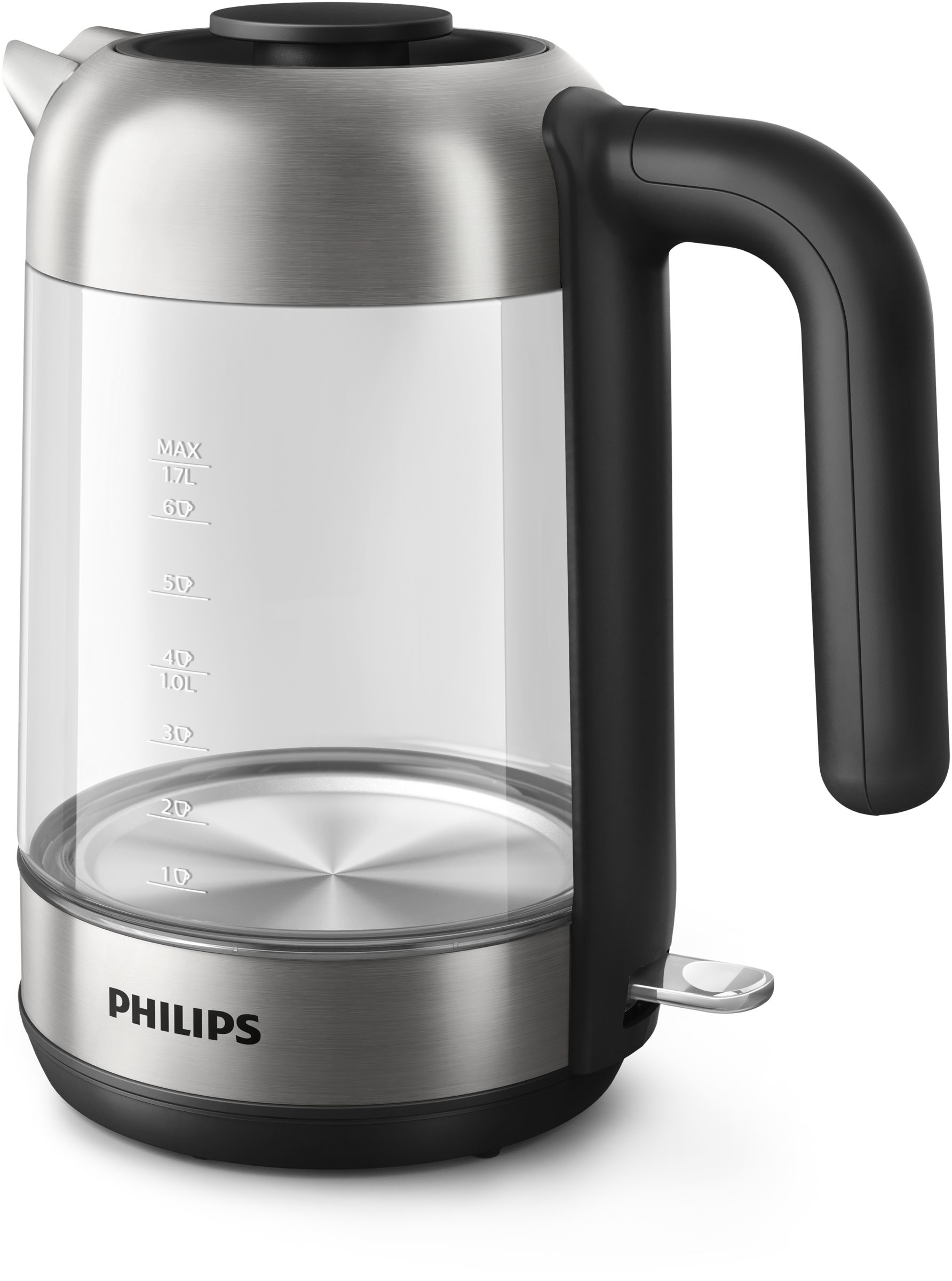 Stainless steel electric kettle with a black handle and a Philips logo on the front.