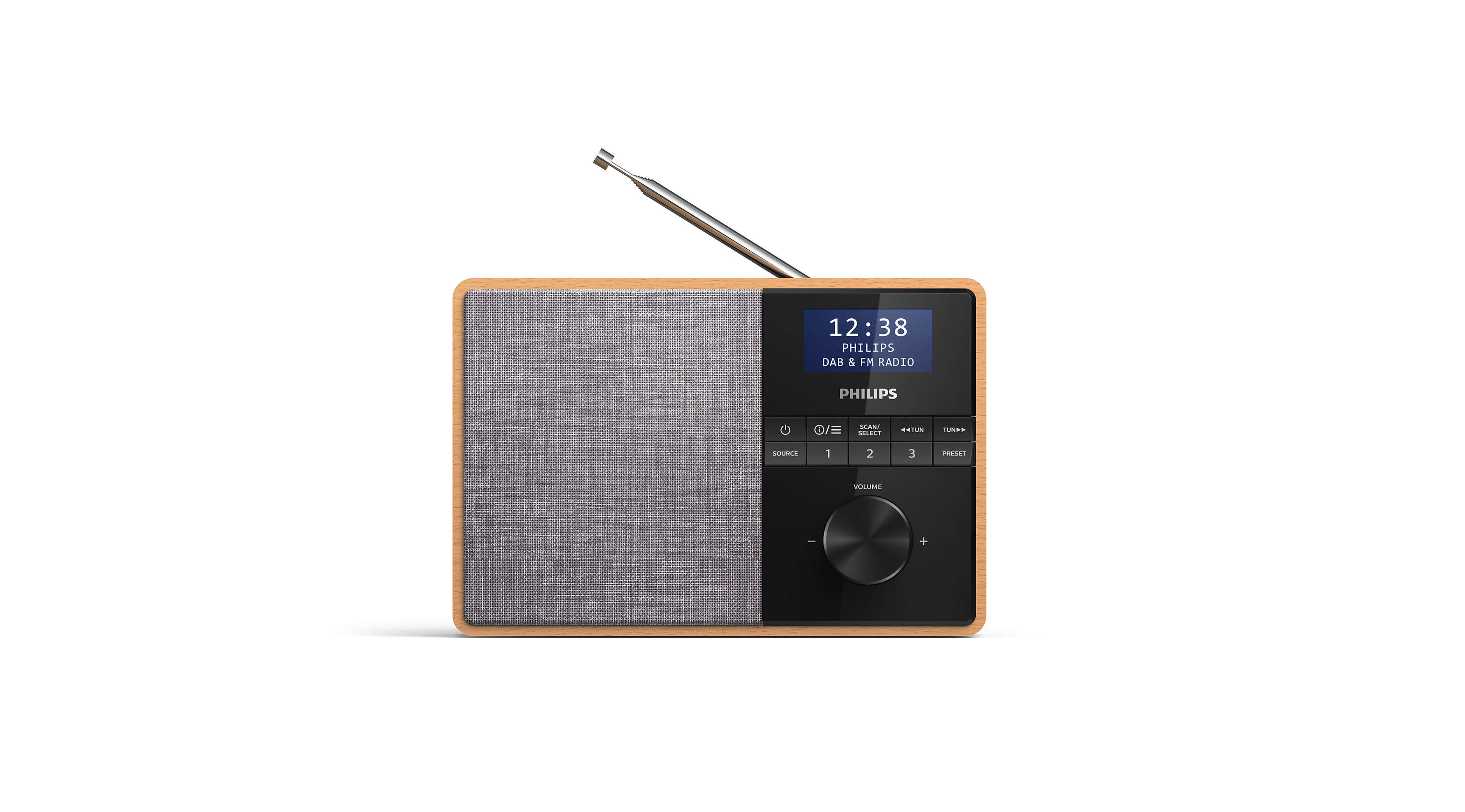 A wooden-framed Philips radio with a digital display, antenna, and control buttons.