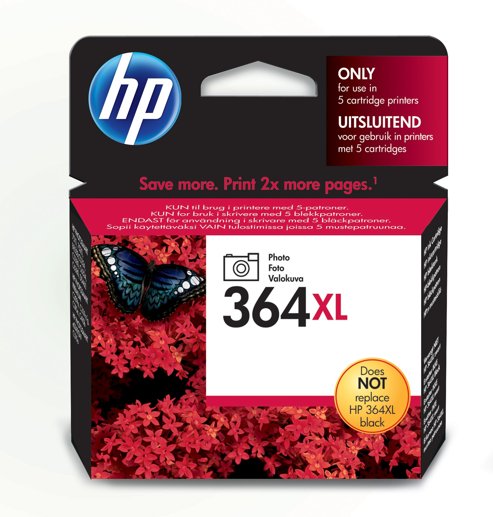 Eine schwarz-rote HP Tintenpatronenverpackung mit Schmetterling und roten Blumen.