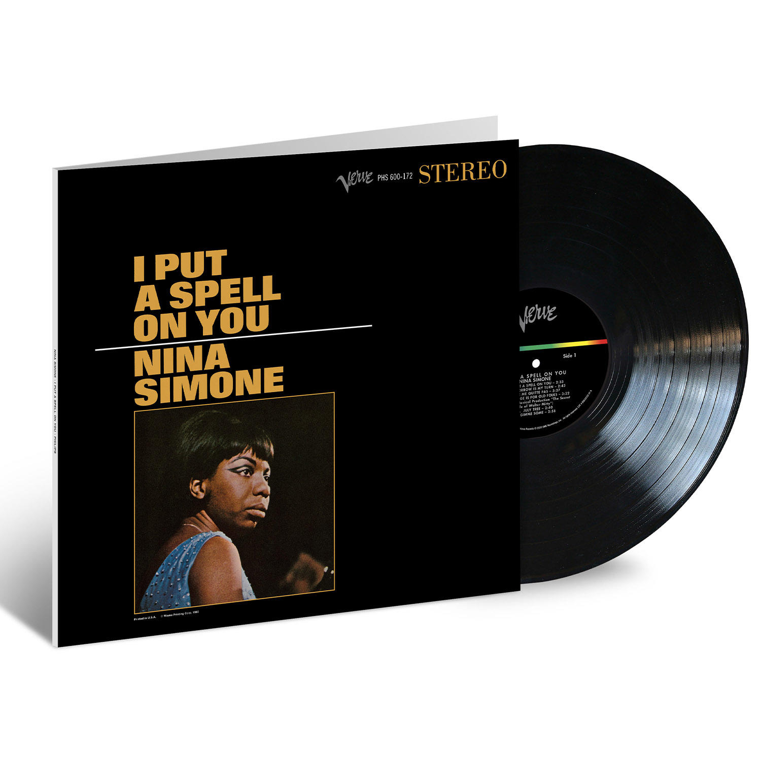 Nina Simone album borítója. Fekete bakelit lemez a borító mellett. Szöveg: I PUT A SPELL ON YOU.