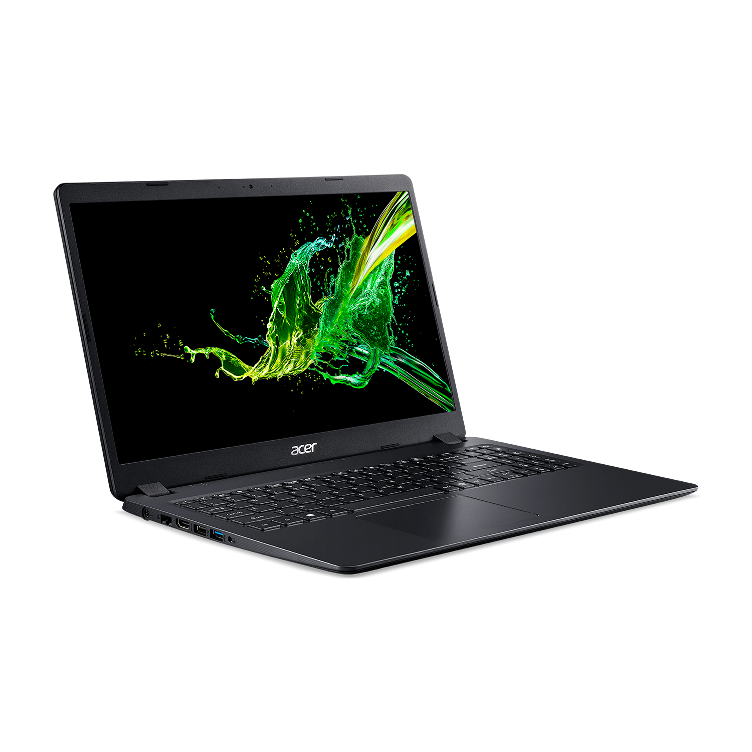 Portátil Acer negro sobre una superficie blanca, la pantalla muestra una imagen de salpicaduras verdes.