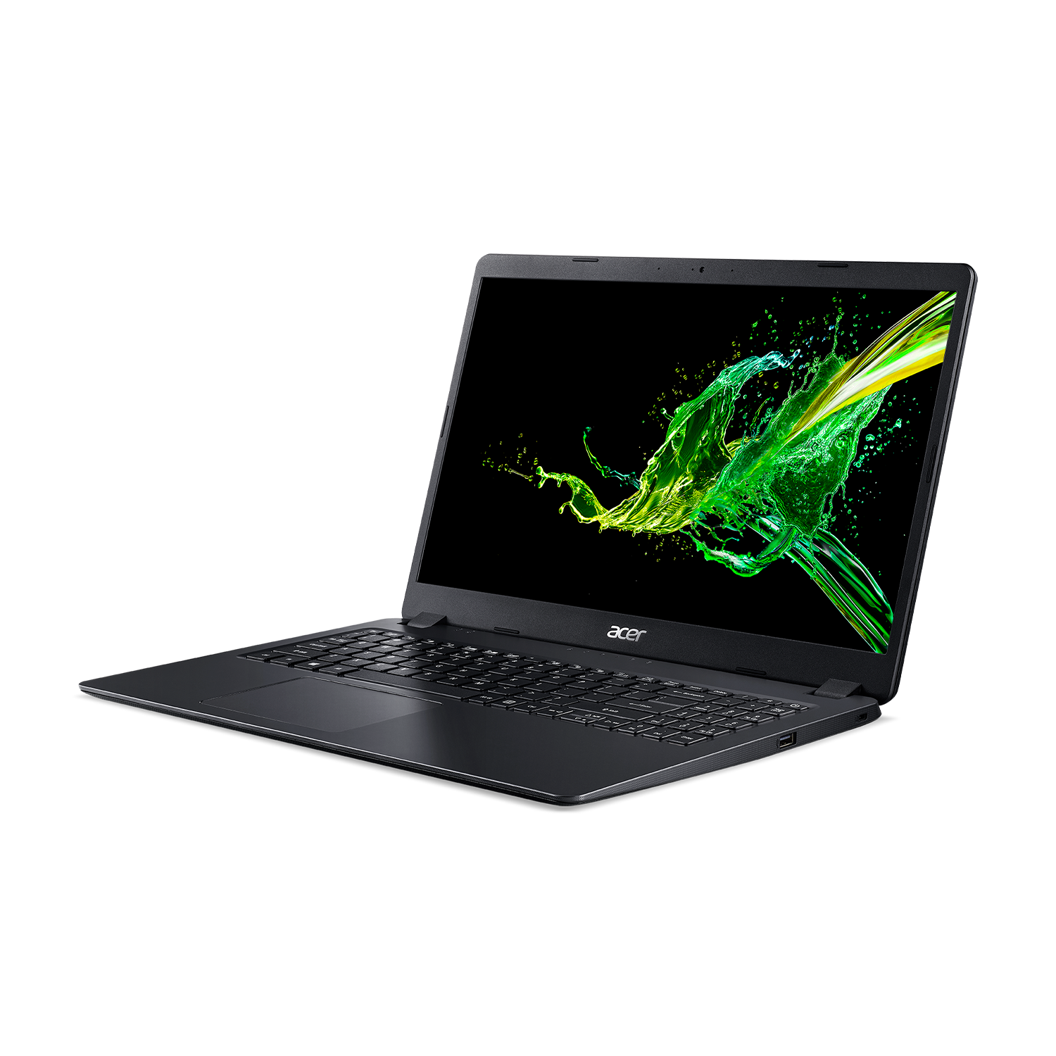 Ordenador portátil Acer negro abierto. La pantalla muestra un salpicadura verde y amarilla.