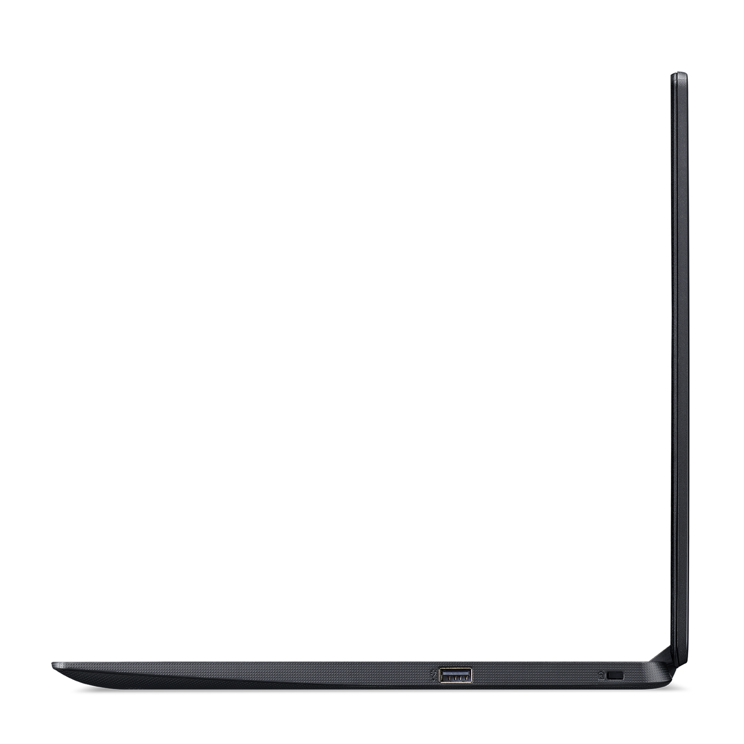 Vista lateral del portátil Acer negro. Muestra un puerto USB y una ventilación lateral.