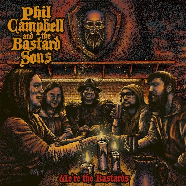 Album borító. Phil Campbell and the Bastard Sons. Öt fős zenekar az asztalnál.