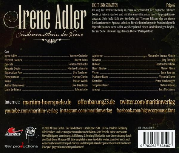 Ein Buchcover mit deutschem Text, betitelt "Irene Adler".