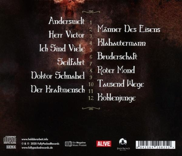 Albumcover mit einer Liste von Songs. Dunkler Hintergrund. Weißer Text.
