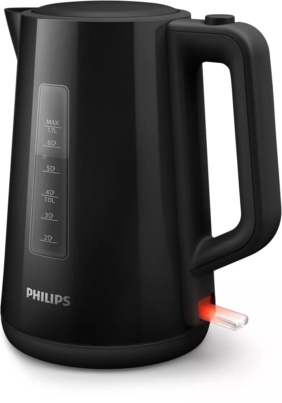 Egy fekete Philips vízforraló vízszintjelzővel és piros fénnyel az alján.