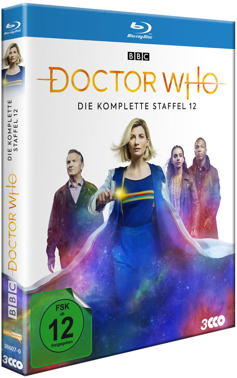 Doctor Who DVD-Box-Set. Mit dem Doctor und seinen Begleitern, blau und weiß mit BBC-Logo und Episodendetails.