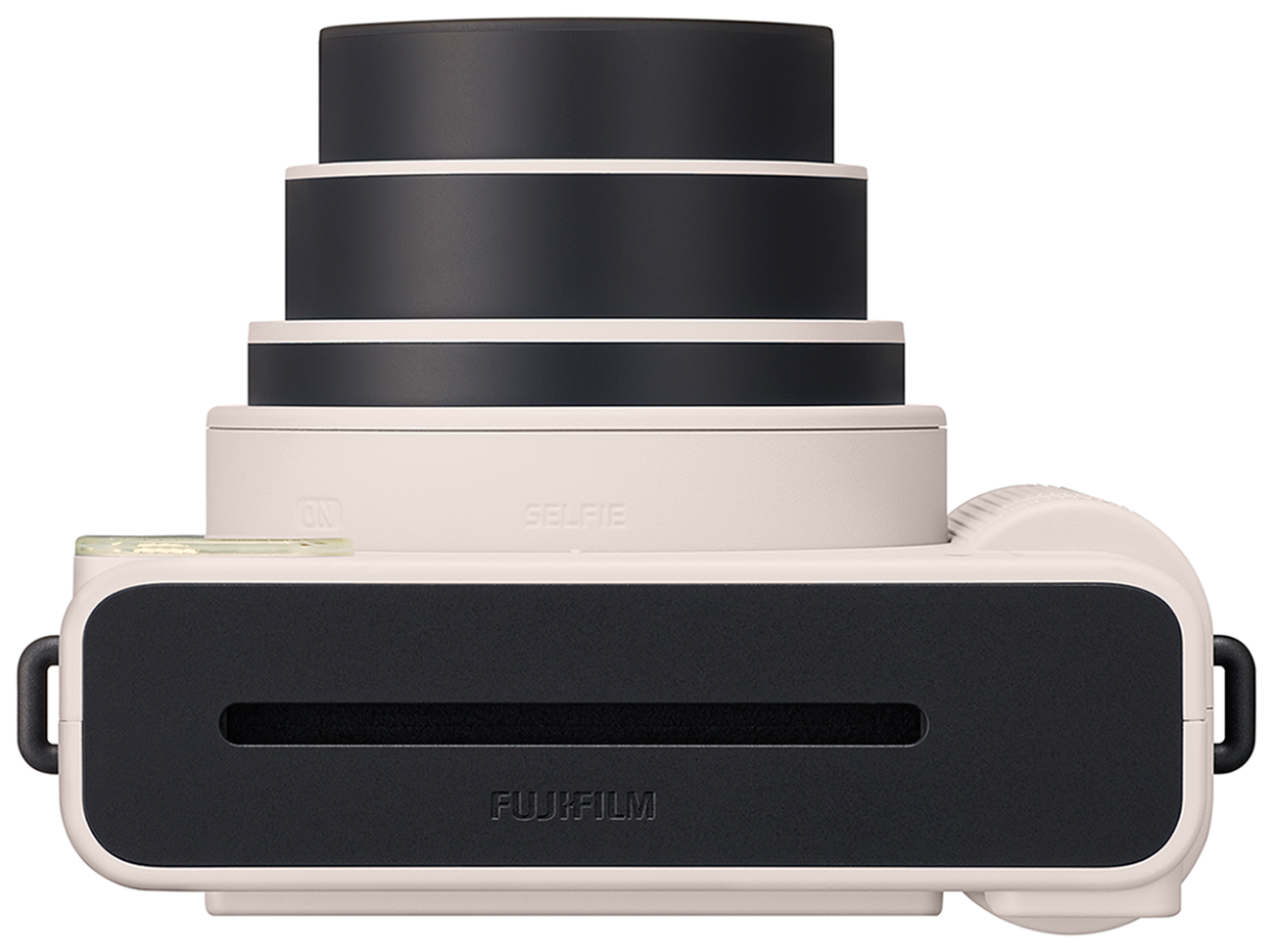 Een crème en donkergrijze Fujifilm Instax camera. Het heeft een lens, knoppen en het Fujifilm logo. Het ontwerp is modern en compact.