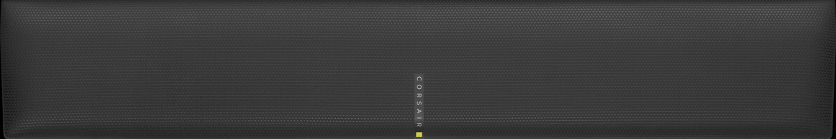 Surface gris foncé texturée avec logo vertical 'CORSAIR'. Une fine bande jaune en bas.