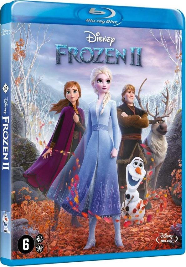 Boîtier Blu-ray Frozen II. Elsa, Anna, Kristoff, Olaf et Sven sur la couverture.