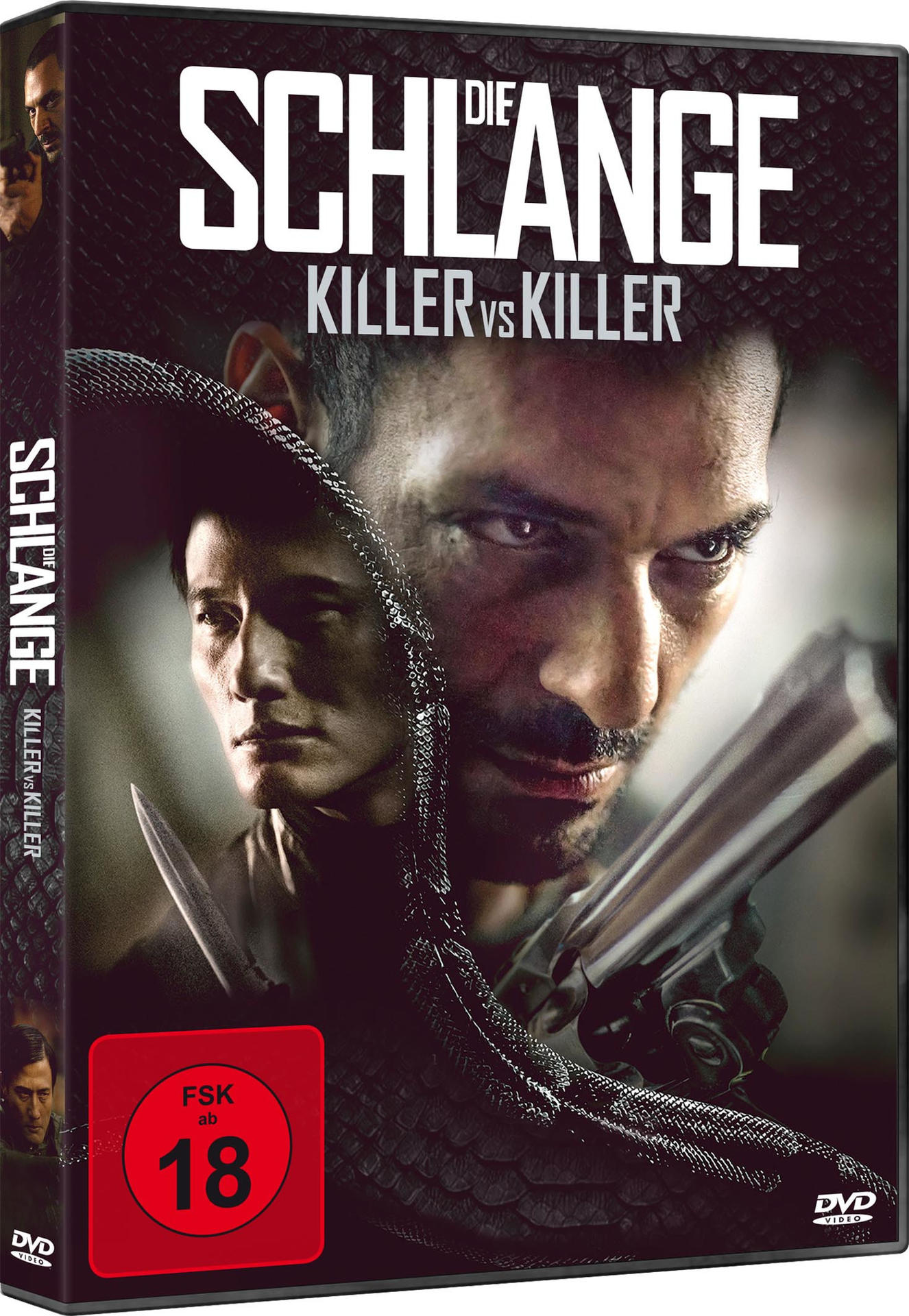 Film-DVD-Cover mit zwei Männergesichtern, einer Schlange und dem Titel 'Die Schlange'.