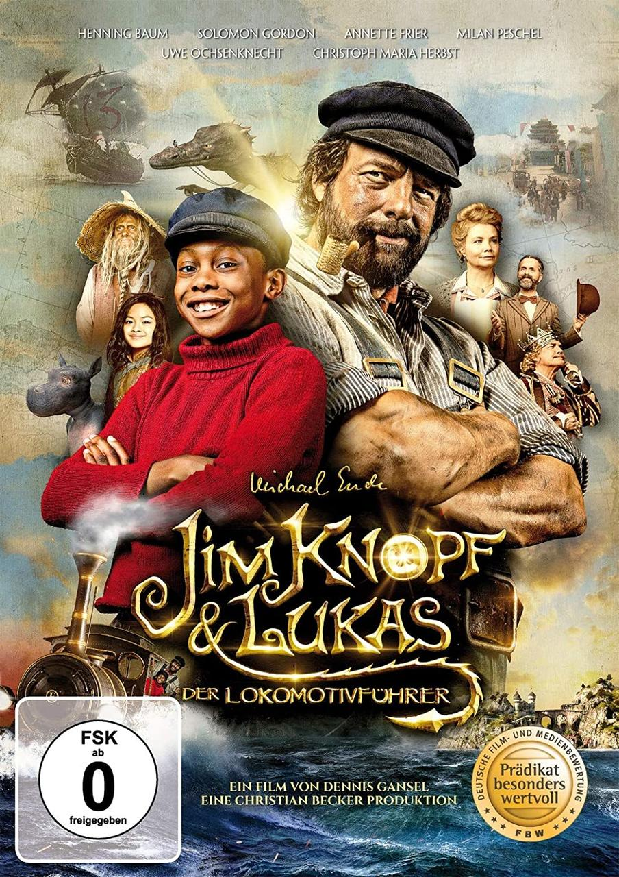 DVD-Cover: 'Jim Knopf & Lukas'. Ein Mann und ein Junge in einem Zug, mit anderen Figuren.