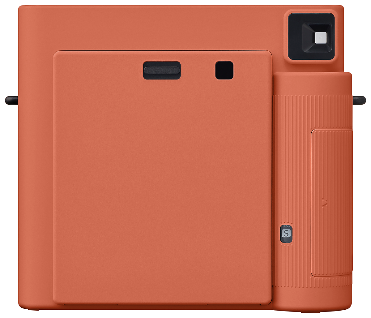 Orange instant camera, back view, featuring a square door, lens, and a viewfinder.